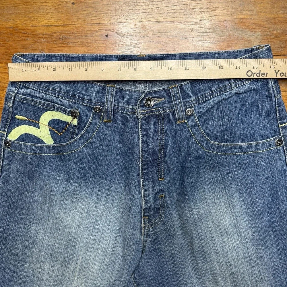 Delf Trading Jeans Men's 34x32 Y2K Wide Leg Grunge Evisu Style Denim Embroidered
